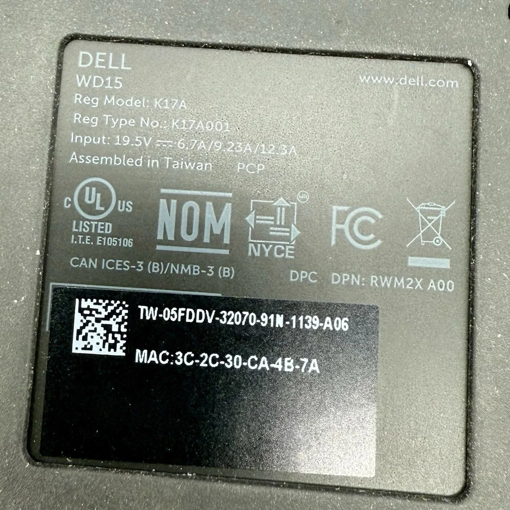 Dell‎ WD15 K17A USB Dock Docking Station K17A001 NO A/C Adapter Tested